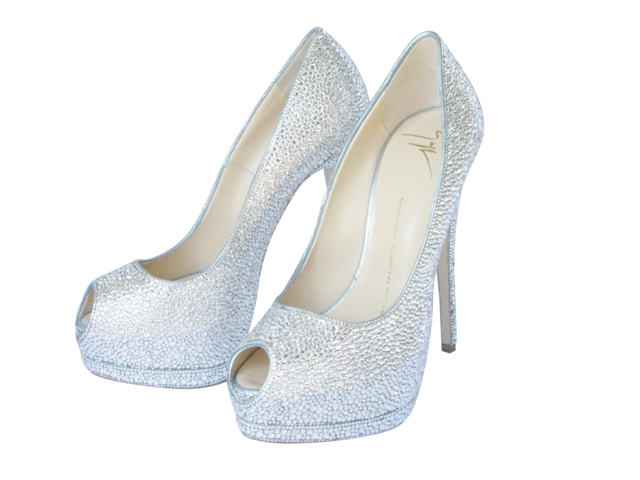 a pair of silver high heel shoes