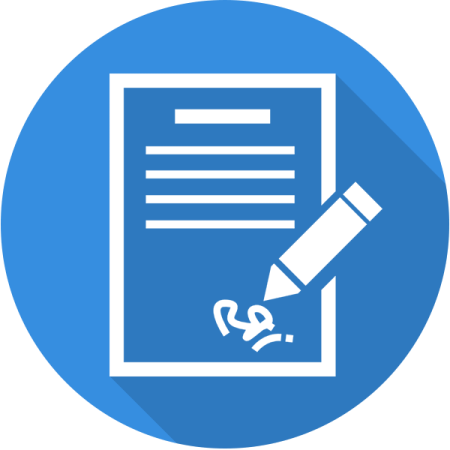 a blue circle with a pencil and paper