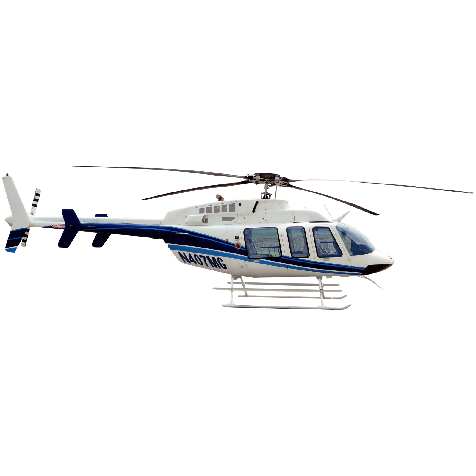 a blue and white helicopter flying in the sky