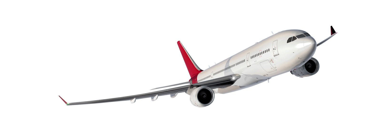 an airplane flying in the sky on a white background