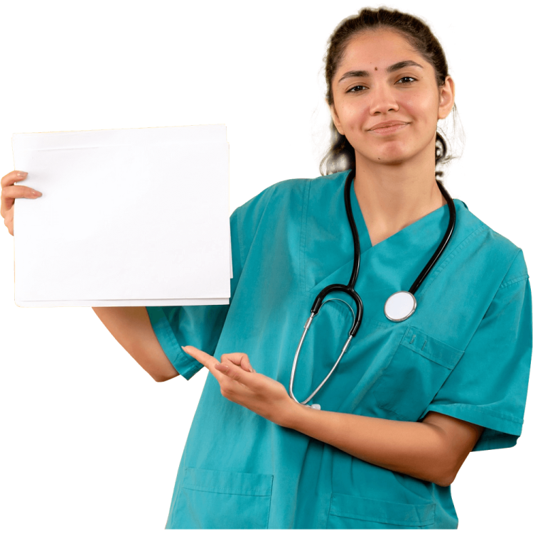 a woman in scrubs holding a white board