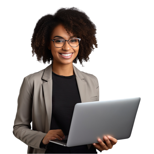 a woman wearing glasses and holding a laptop