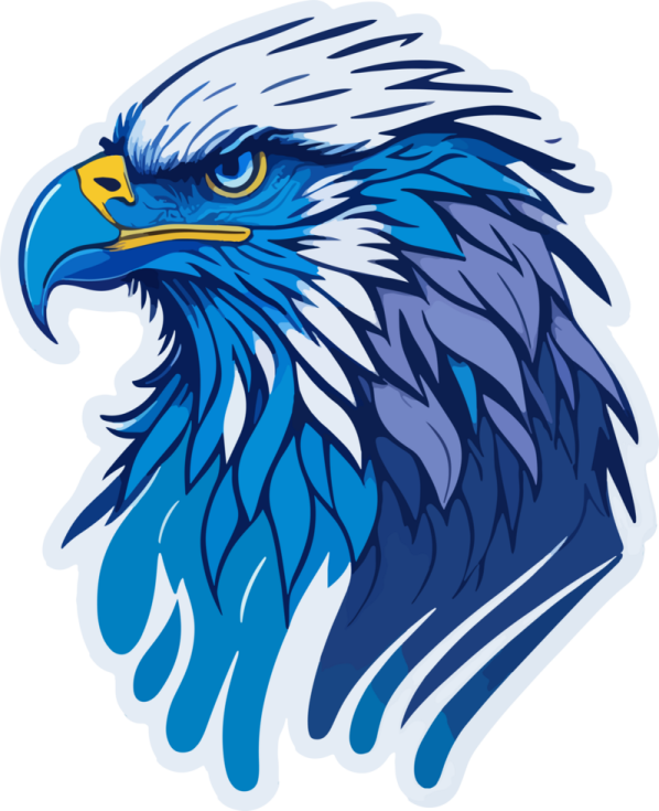 an eagle head with blue and white feathers