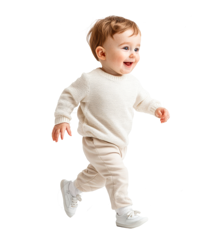 a baby in a white sweater and pants