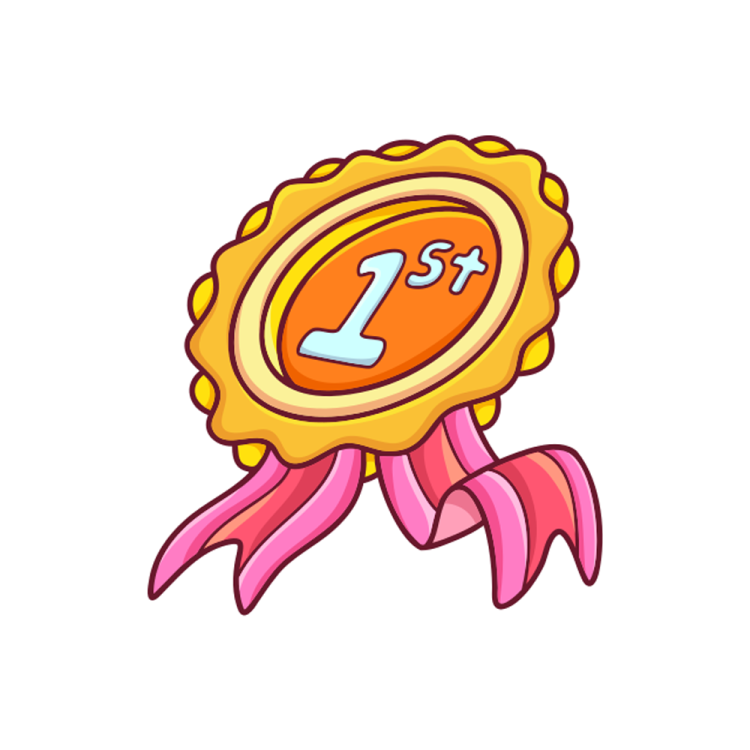 a gold medal with a pink ribbon around it
