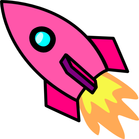 a pink rocket with a yellow flame coming out