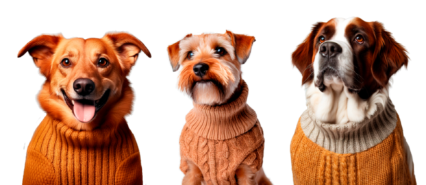 three dogs wearing sweaters
