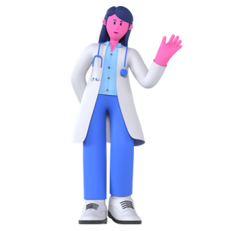 a female doctor in a white coat and blue pants