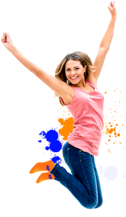 a woman jumping in the air with her arms up