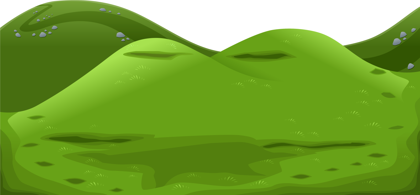 a green hill with rocks and grass