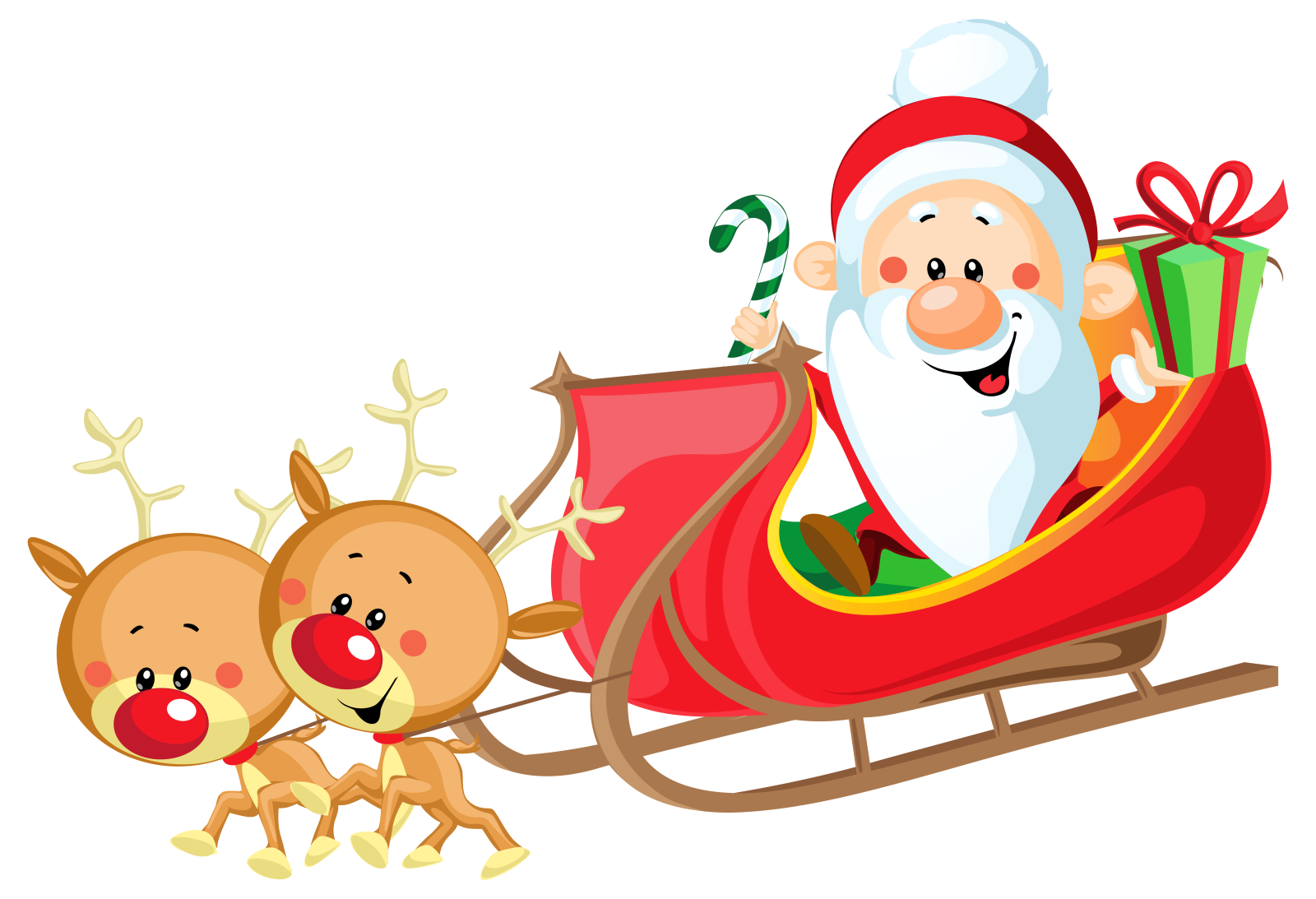 a santa claus and reindeer pulling a sler