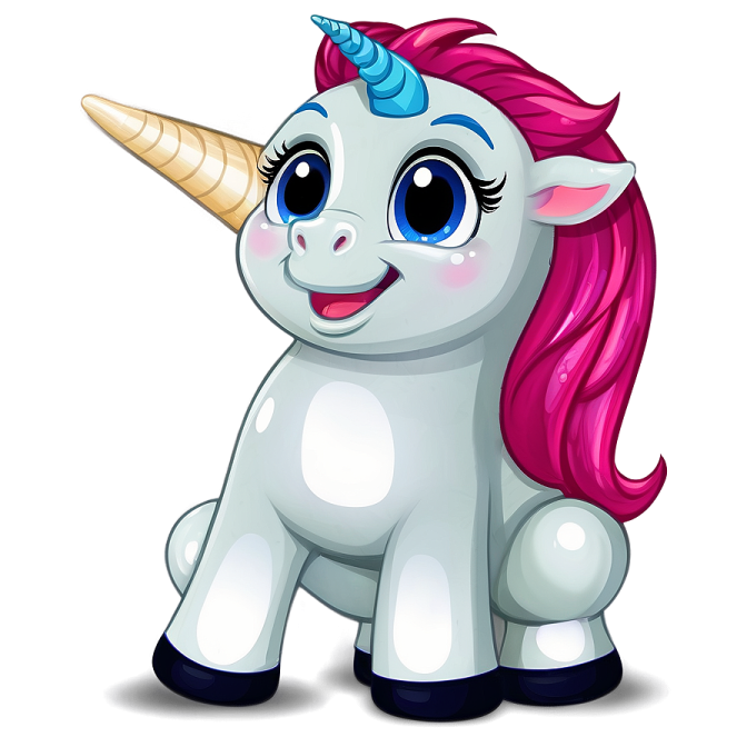 a cute unicorn with pink hair and blue eyes