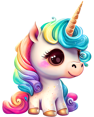 a cute unicorn with colorful hair sitting on the ground