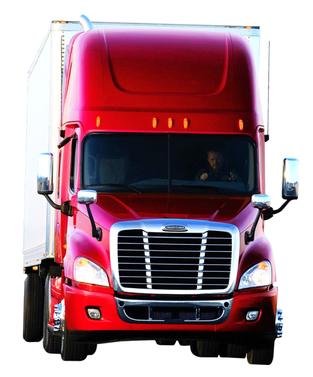 a red semi truck driving down the road