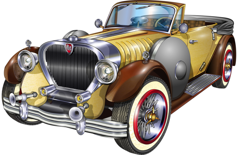 an old car with a brown and yellow paint scheme
