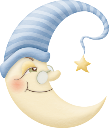 a cartoon moon with a blue and white striped hat
