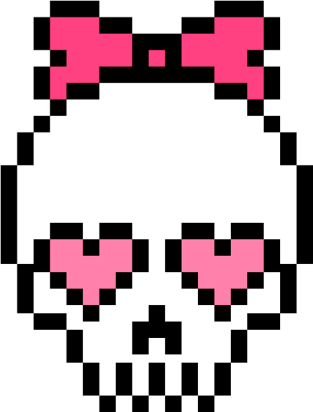a pixel skull with pink eyes