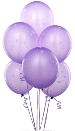 a bunch of purple balloons with stars on them