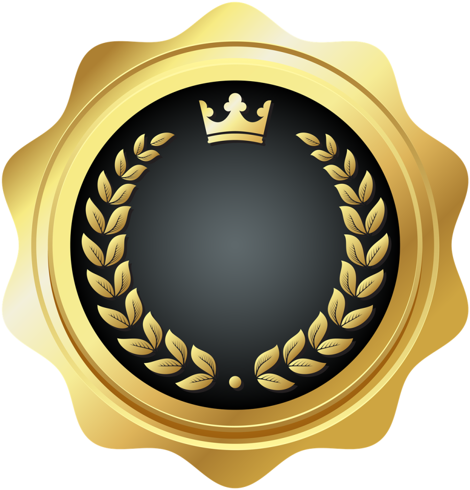 a gold medal with laurel and crown on it