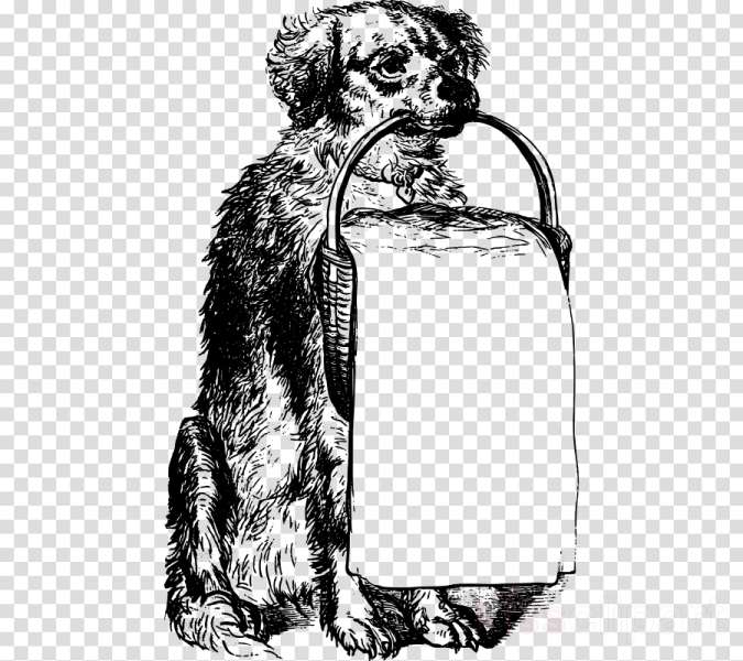 a black and white drawing of a dog holding a bucket