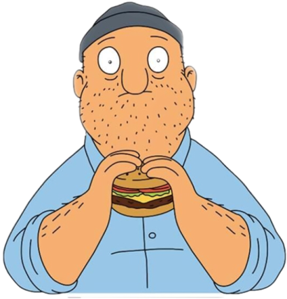 a man with a beard eating a hamburger
