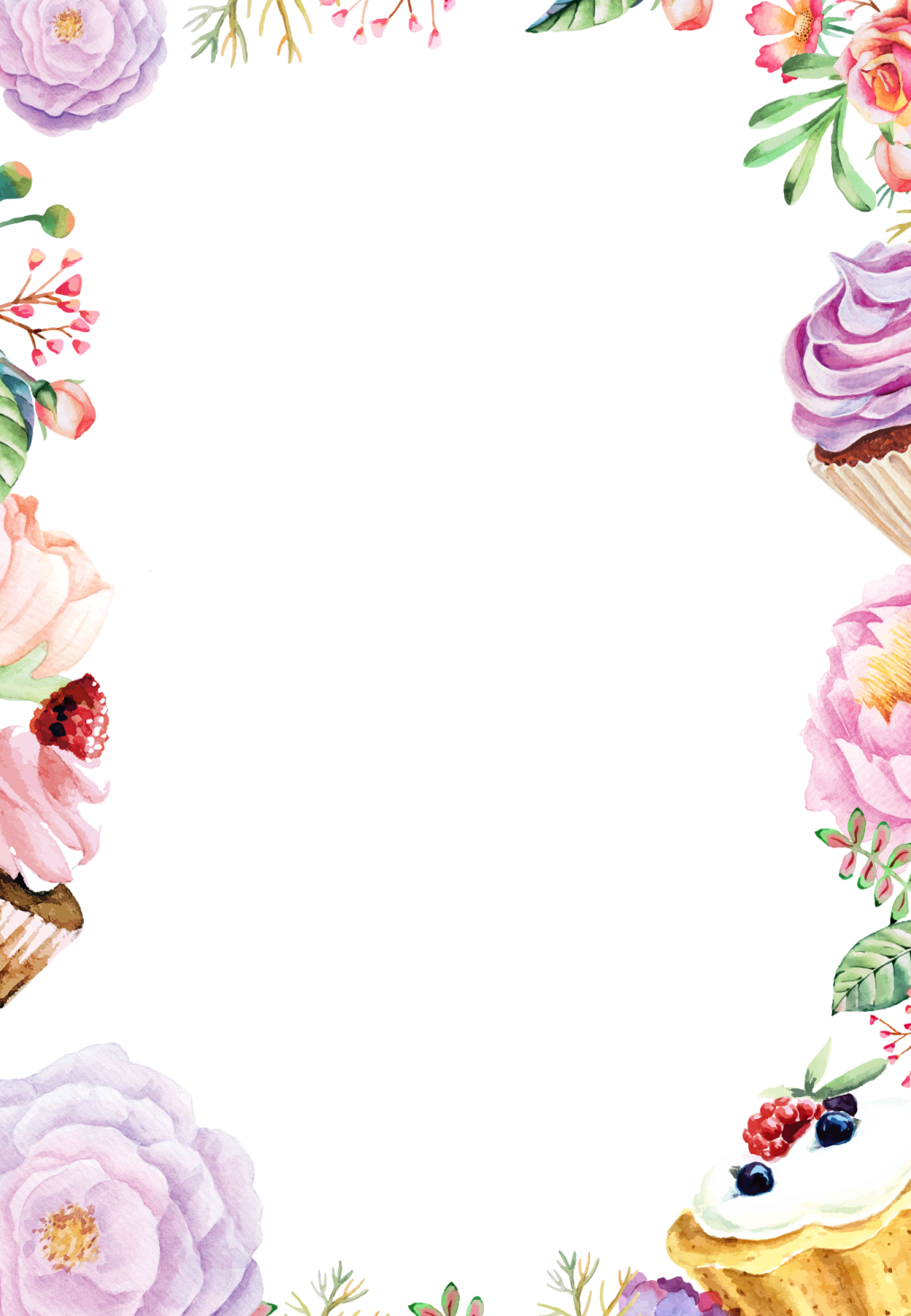 a watercolor floral frame with cupcakes