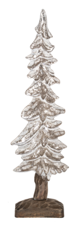 a silver christmas tree on a wooden base