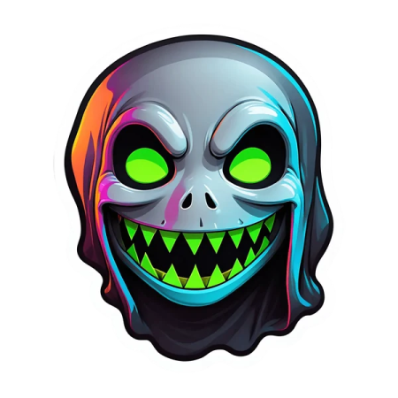 a cartoon character with green eyes and a scary smile