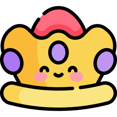 a yellow crown with purple and red hair