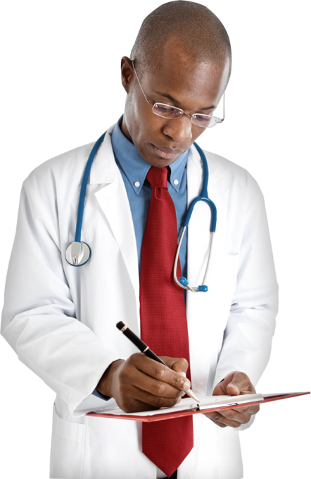 a doctor writing on a clipboard