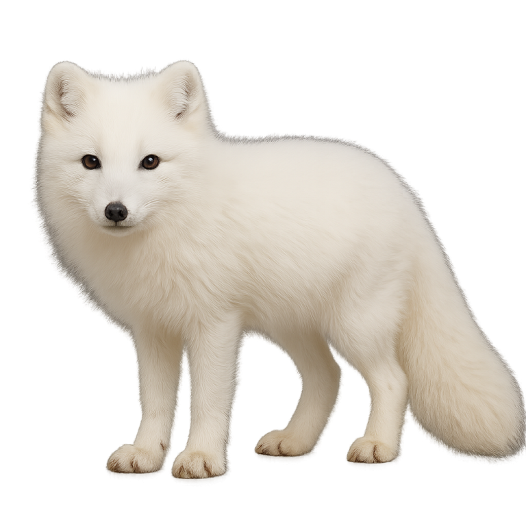 a small white fox standing on a white surface