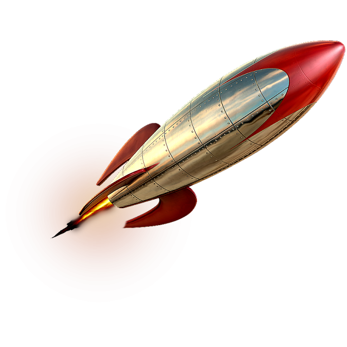 a red and gold rocket flying through the air