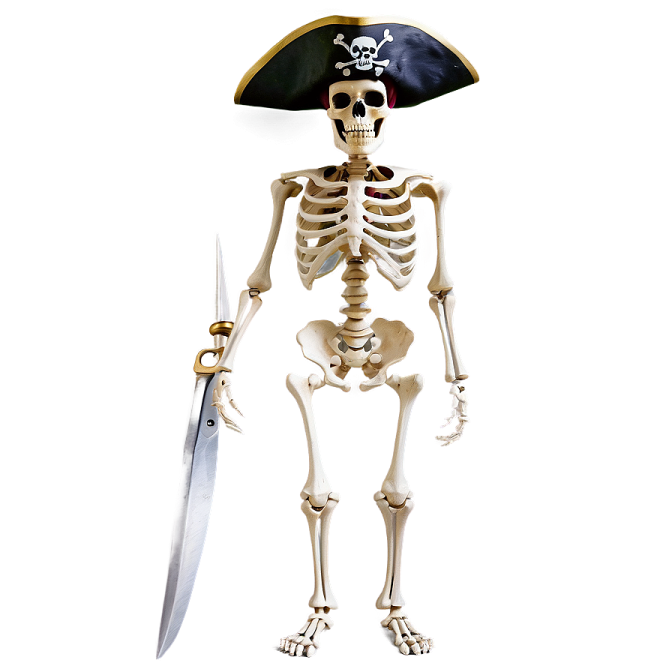 a skeleton with a pirate hat holding a knife