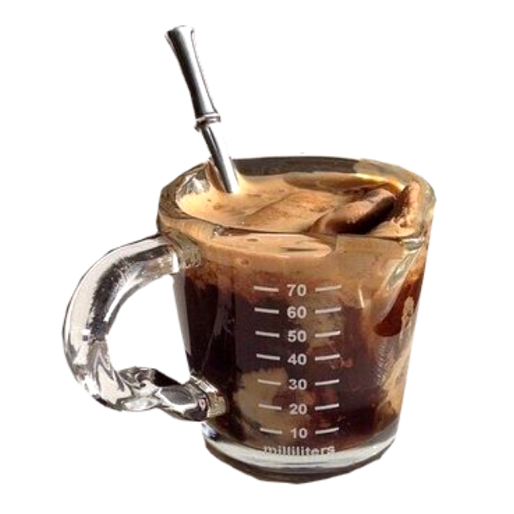 a glass mug filled with iced coffee