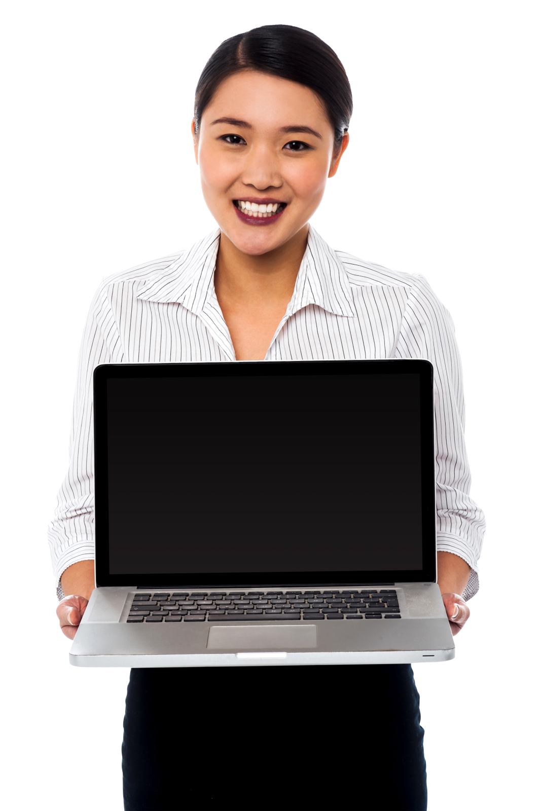 a woman holding up a laptop computer