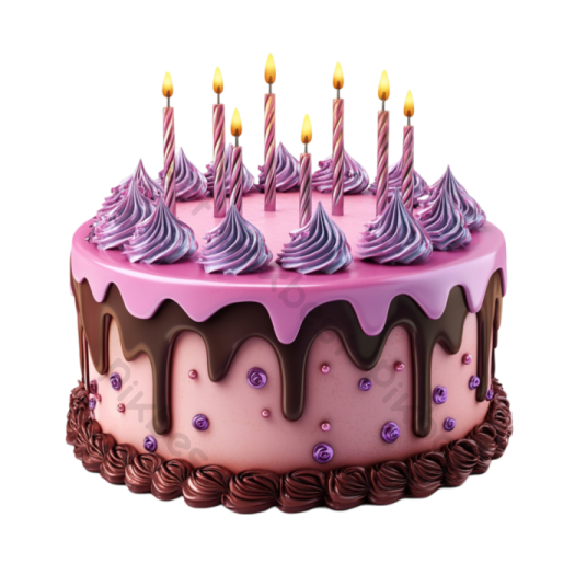 a pink birthday cake with chocolate icing and candles
