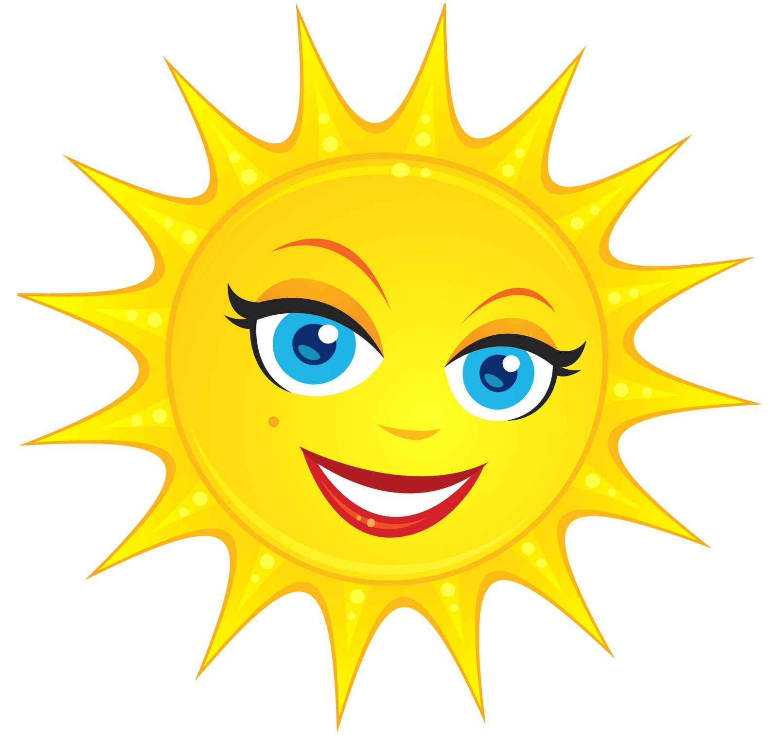 a smiling sun with blue eyes