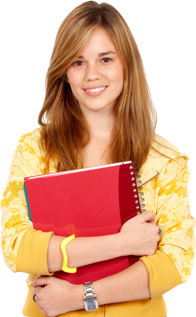 a girl holding a red book and smiling