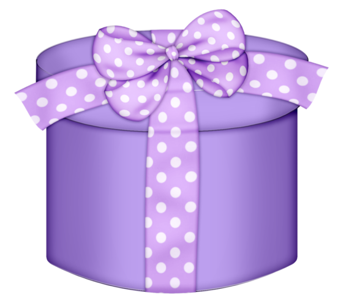 a purple gift box with white polka dots on it