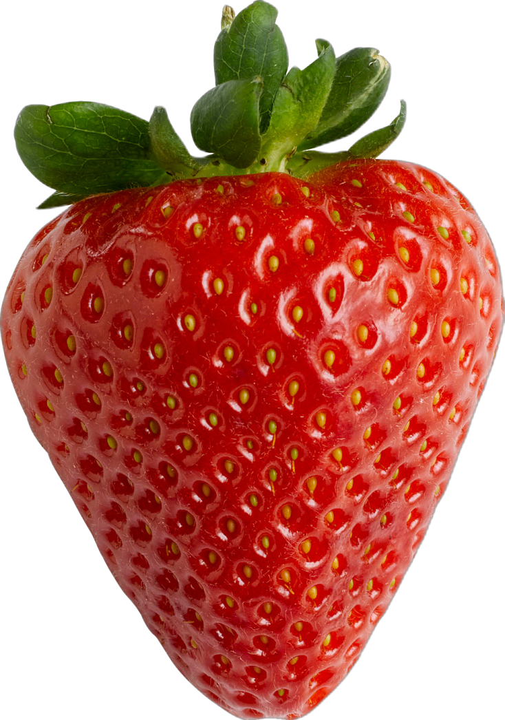 a strawberry with green leaves on it