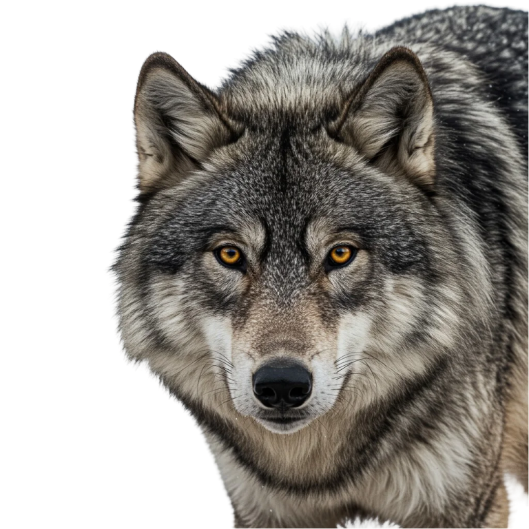 a gray wolf standing in front of a white background