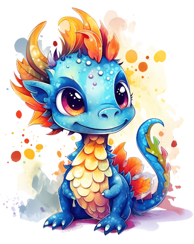 a cute little blue dragon with orange and yellow wings
