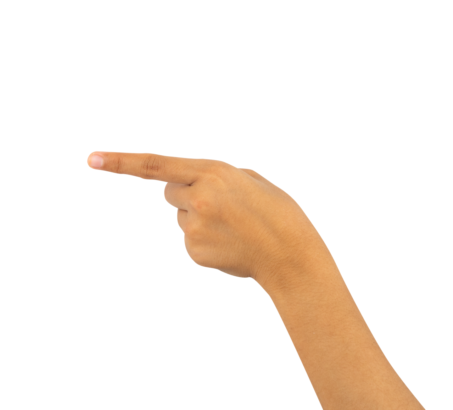 a hand pointing at something on a white background