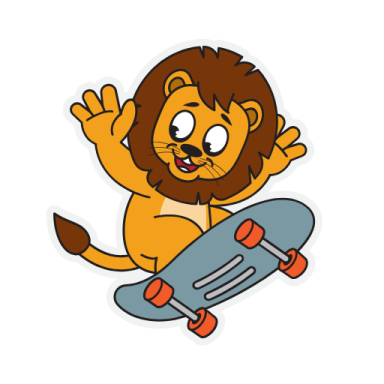a cartoon lion riding on a skateboard