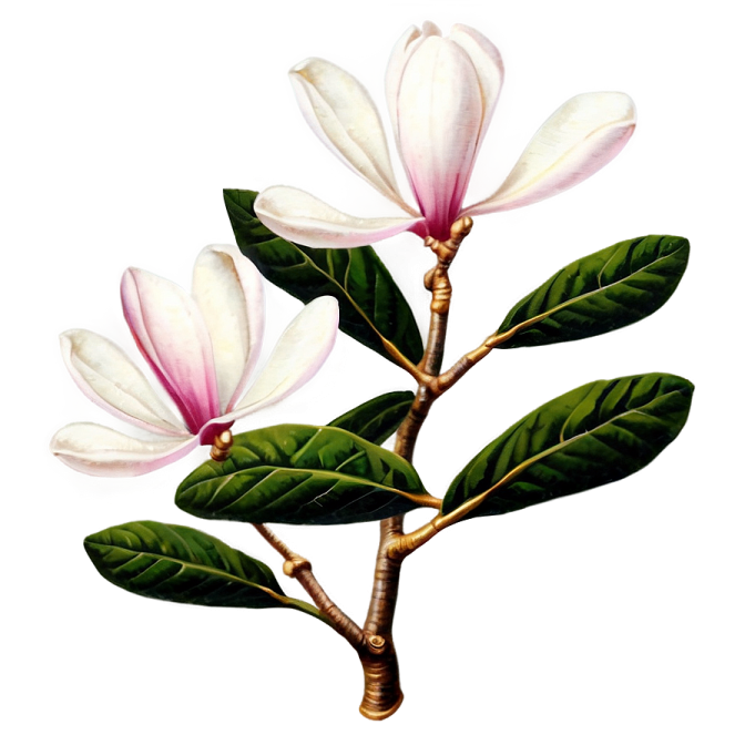 a white magnolia flower with green leaves