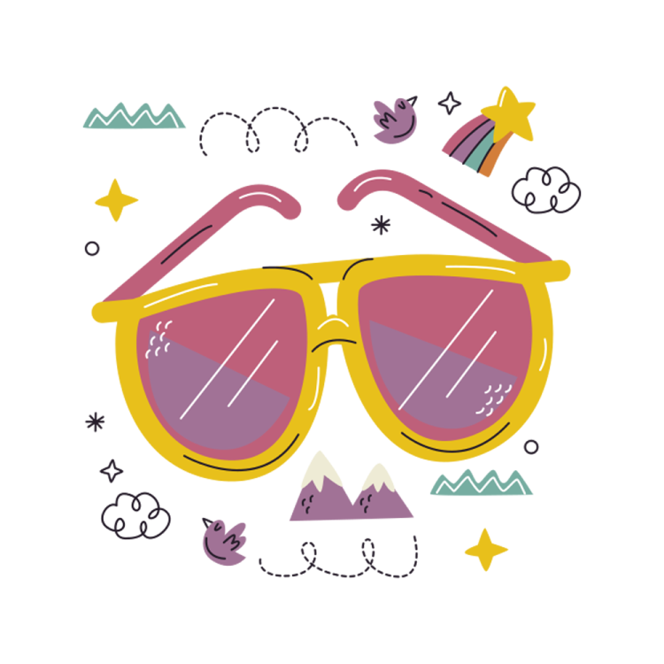 a pair of sunglasses with mountains and stars in the background