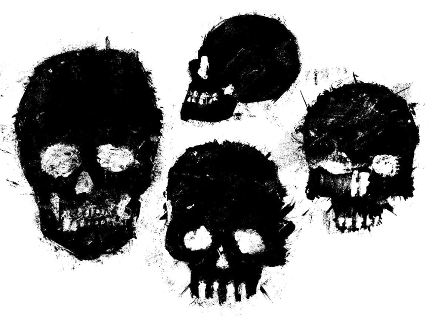 a black and white image of skulls on a white background