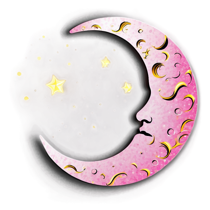 a pink moon with gold stars on it