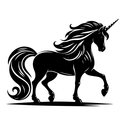 a black and white unicorn silhouette on a white background