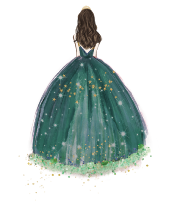 a watercolor painting of a woman in a green dress